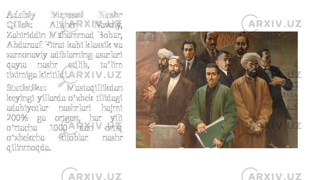 Adabiy Merosni Nashr Qilish : Alisher Navoiy, Zahiriddin Muhammad Bobur, Abdurauf Fitrat kabi klassik va zamonaviy adiblarning asarlari qayta nashr etilib, ta’lim tizimiga kiritildi. Statistika : Mustaqillikdan keyingi yillarda o‘zbek tilidagi adabiyotlar nashrlari hajmi 200% ga ortgan, har yili o‘rtacha 1000 dan ortiq o‘zbekcha kitoblar nashr qilinmoqda. 