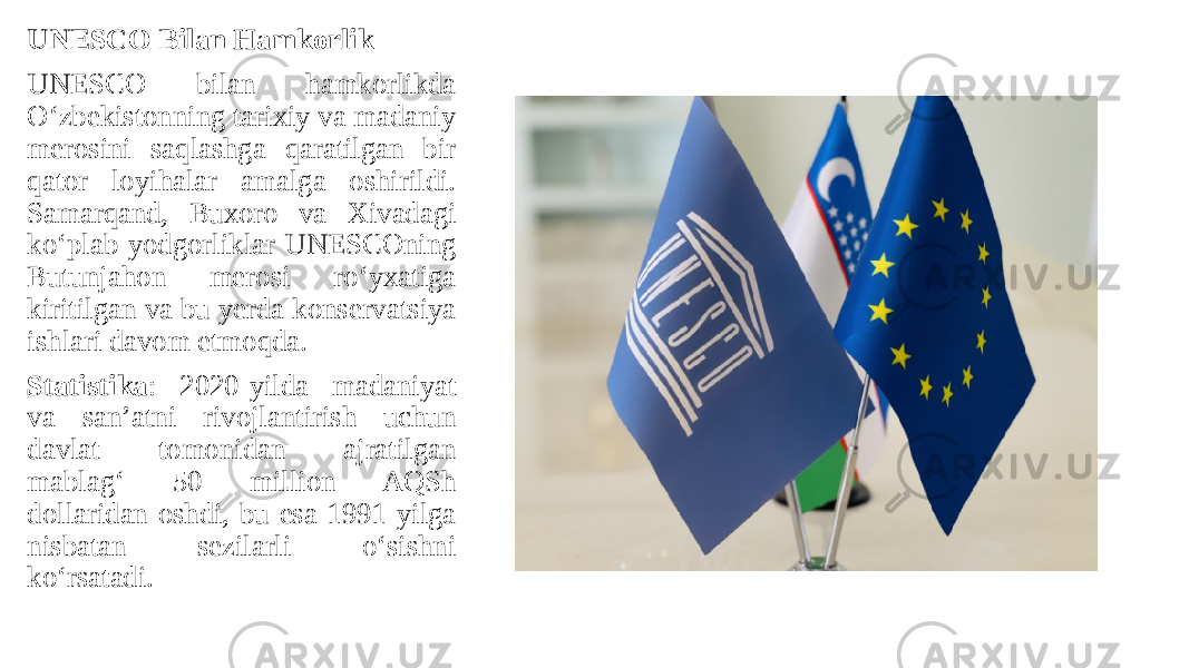 UNESCO Bilan Hamkorlik UNESCO bilan hamkorlikda O‘zbekistonning tarixiy va madaniy merosini saqlashga qaratilgan bir qator loyihalar amalga oshirildi. Samarqand, Buxoro va Xivadagi ko‘plab yodgorliklar UNESCOning Butunjahon merosi ro‘yxatiga kiritilgan va bu yerda konservatsiya ishlari davom etmoqda. Statistika : 2020-yilda madaniyat va san’atni rivojlantirish uchun davlat tomonidan ajratilgan mablag‘ 50 million AQSh dollaridan oshdi, bu esa 1991-yilga nisbatan sezilarli o‘sishni ko‘rsatadi. 