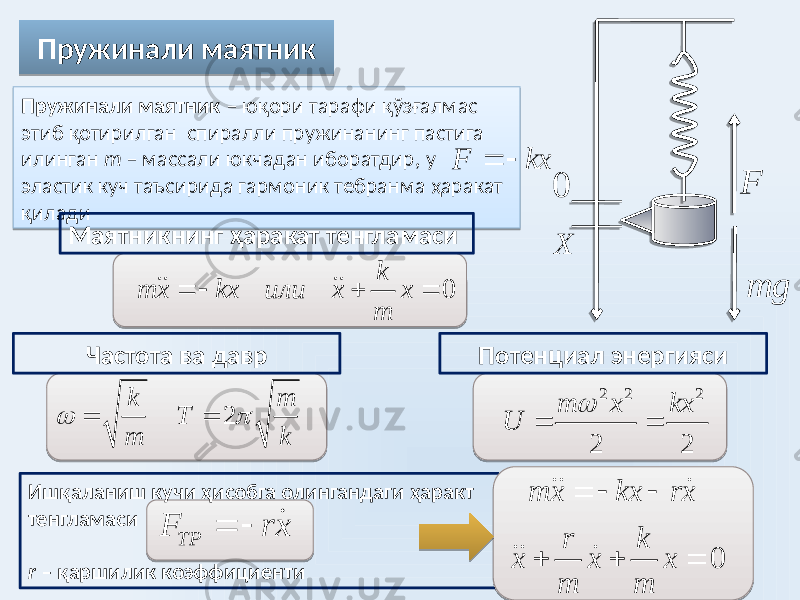 Пружинали маятник Ишқаланиш кучи ҳисобга олингандаги ҳаракт тенгламаси r – қаршилик коэффициентиПружинали маятник – юқори тарафи қўзғалмас этиб қотирилган спиралли пружинанинг пастига илинган m – массали юкчадан иборатдир, у эластик куч таъсирида гармоник тебранма ҳаракат қилади Маятникнинг ҳаракат тенгламаси Частота ва давр Потенциал энергиясиF kx  0 k mx kx или x х m      2 k m T m k     2 2 2 2 2 m x kx U    0 mx kx rx r k x x x m m          ТР F rx   Х 0 F  mg  3914 3914 09 2A 070E070618 0C 09 2A 13070E020F 