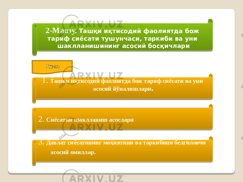 2-Мавзу. Ташқи иқтисодий фаолиятда бож тариф сиёсати тушунчаси, таркиби ва уни шаклланишининг асосий босқичлари Режа 1. Ташқи иқтисодий фаолиятда бож тариф сиёсати ва уни асосий йўналишлари . 3. Давлат сиёсатининг моҳиятини ва таркибини белгиловчи асосий омиллар. 2. Сиёсатни шаклланиш асослари 191C37 22 04 0C 14 261C01 1D 030E0A0E07 1B 14 271C01 02 030E 01 281C01 2507 14 