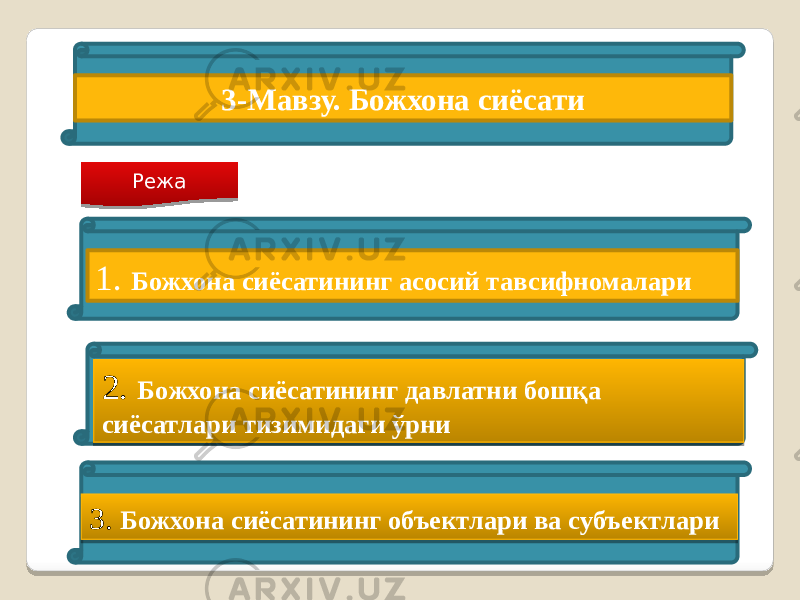 3-Мавзу. Божхона сиёсати Режа 1. Божхона сиёсатининг асосий тавсифномалари 2. Божхона сиёсатининг давлатни бошқа сиёсатлари тизимидаги ўрни 3. Божхона сиёсатининг объектлари ва субъектлари 01 28 31 0E 01 271C01 31 14 