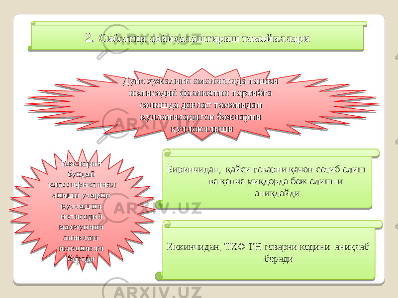 2. Сиёсатни лойиҳалаштириш тамойиллари Дуне хужалиги амалиетида ташки иктисодий фаолиятни тартибга солишда давлат томонидан кулланиладиган божларни кулланилиши Божларни бундай классификациял аниши уларни куллашни иктисодий мазмунини аниклаш имконияти беради. Биринчидан, қайси товарни қачон сотиб олиш ва қанча миқдорда бож олишни аниқлайди Иккинчидан, ТИФ ТН товарни кодини аниқлаб беради 191A08 25 02 07 0E0A 1F 1F 01 31 09 1F 03 1F 07 15 0306 07 09 01 02 1D 0906 36 13 