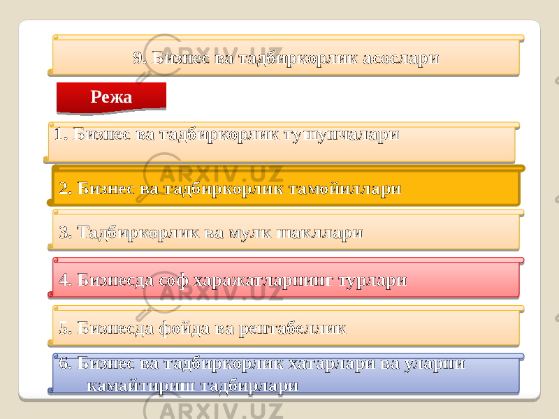 9. Бизнес ва тадбиркорлик асослари Режа 1. Бизнес ва тадбиркорлик тушунчалари 2. Бизнес ва тадбиркорлик тамойиллари 3. Тадбиркорлик ва мулк шакллари 4. Бизнесда соф харажатларнинг турлари 5. Бизнесда фойда ва рентабеллик 6. Бизнес ва тадбиркорлик хатарлари ва уларни камайтириш тадбирлари 4A1A0831 2F 291A08 1B1A081D 3E1A0831 421A0831 471A0831 1F 