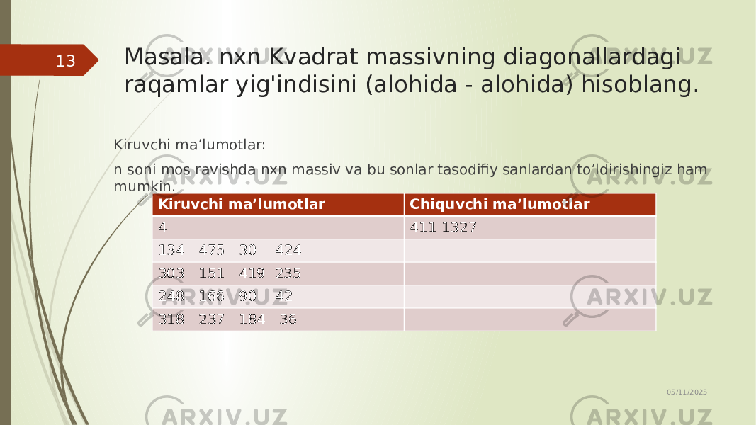 Masala. nxn Kvadrat massivning diagonallardagi raqamlar yig&#39;indisini (alohida - alohida) hisoblang. Kiruvchi ma’lumotlar: n soni mos ravishda nxn massiv va bu sonlar tasodifiy sanlardan to’ldirishingiz ham mumkin. 05/11/202513 Kiruvchi ma’lumotlar Chiquvchi ma’lumotlar 4 411 1327 134 475 30 424 303 151 419 235 248 166 90 42 318 237 184 36 