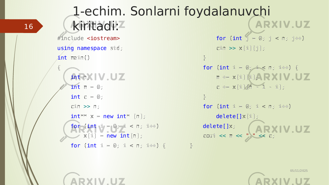 1-echim. Sonlarni foydalanuvchi kiritadi: #include <iostream> using namespace std; int main() { int n; int m = 0; int c = 0; cin >> n; int ** x = new int * [n]; for ( int i = 0; i < n; i++) x[i] = new int [n]; for ( int i = 0; i < n; i++) { for ( int j = 0; j < n; j++) cin >> x[i][j]; } for ( int i = 0; i < n; i++) { m += x[i][i]; c += x[i][n - 1 - i]; } for ( int i = 0; i < n; i++) delete[] x[i]; delete[] x; cout << m << &#34; &#34; << c; } 05/11/202516 