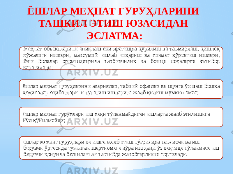 ЁШЛАР МЕҲНАТ ГУРУҲЛАРИНИ ТАШКИЛ ЭТИШ ЮЗАСИДАН ЭСЛАТМА: Меҳнат объектларини аниқлаш ёки яратишда қурилиш ва таъмирлаш, қишлоқ хўжалиги ишлари, мавсумий ишлаб чиқариш ва хизмат кўрсатиш ишлари, ёзги болалар оромгоҳларида тарбиячилик ва бошқа соҳаларга эътибор қаратилади; ёшлар меҳнат гуруҳларини авариялар, табиий офатлар ва шунга ўхшаш бошқа ҳодисалар оқибатларини тугатиш ишларига жалб қилиш мумкин эмас; ёшлар меҳнат гуруҳлари иш ҳақи тўланмайдиган ишларга жалб этилишига йўл қўйилмайди; ёшлар меҳнат гуруҳлари ва ишга жалб этиш тўғрисида таъсисчи ва иш берувчи ўртасида тузилган шартномага кўра иш ҳақи ўз вақтида тўланмаса иш берувчи қонунда белгиланган тартибда жавобгарликка тортилади. 