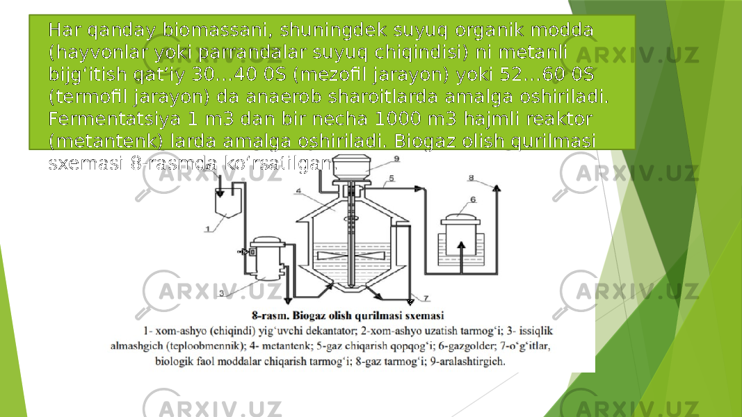 Har qanday biomassani, shuningdek suyuq organik modda (hayvonlar yoki parrandalar suyuq chiqindisi) ni metanli bijg‘itish qat’iy 30…40 0S (mezofil jarayon) yoki 52…60 0S (termofil jarayon) da anaerob sharoitlarda amalga oshiriladi. Fermentatsiya 1 m3 dan bir necha 1000 m3 hajmli reaktor (metantenk) larda amalga oshiriladi. Biogaz olish qurilmasi sxemasi 8-rasmda ko‘rsatilgan. 