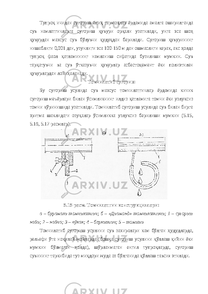 Тупроқ ичидан суғориш ёпиқ тармоқлар ёрдамида амалга оширилганда сув намлатгичларга суғориш қувури орқали узатилади, унга эса шоҳ қувурдан махсус сув бўлувчи қудуқдан берилади. Суғориш қувурининг нишаблиги 0,001 дан, узунлиги эса 100-150 м дан ошмаслиги керак, акс ҳолда тупроқ фаол қатламининг намланиш сифатида бузилиши мумкин. Сув тарқатувчи ва сув ўтказувчи қувурлар асбестоцемент ёки полиэтилен қувурлардан лойиҳаланади. Томчилатиб суғориш Бу суғориш усулида сув махсус томчилатгичлар ёрдамида кичик суғориш меъёрлари билан ўсимликнинг илдиз қатламига томчи ёки узлуксиз томчи кўринишида узатилади. Томчилатиб суғориш усулида сув билан бирга эритма шаклидаги озуқалар ўсимликка узлуксиз берилиши мумкин (5.15, 5.16, 5.17-расмлар). 5.15-расм. Томчилатгич конструкциялари: а – бурамали томчилатгич; б – «Диамонд» томчилатгичи; 1 – суғориш найи; 2 – найча; 3 – пўкак; 4 – беркитгич; 5 – томизғи Томчилатиб суғориш усулини сув захиралари кам бўлган ҳудудларда, рельефи ўта ноқулай жойларда (бошқа суғориш усулини қўллаш қийин ёки мумкин бўлмаган ҳолда), шўрланмаган енгил тупроқларда, суғориш сувининг таркибида туз миқдори жуда оз бўлганида қўллаш тавсия этилади. 