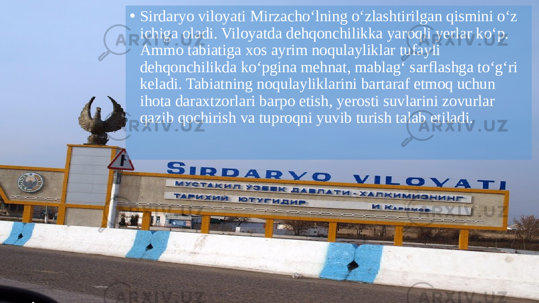 • Sirdaryo viloyati Mirzacho‘lning o‘zlashtirilgan qismini o‘z ichiga oladi. Viloyatda dehqonchilikka yaroqli yerlar ko‘p. Ammo tabiatiga xos ayrim noqulayliklar tufayli dehqonchilikda ko‘pgina mehnat, mablag‘ sarflashga to‘g‘ri keladi. Tabiatning noqulayliklarini bartaraf etmoq uchun ihota daraxtzorlari barpo etish, yerosti suvlarini zovurlar qazib qochirish va tuproqni yuvib turish talab etiladi. 