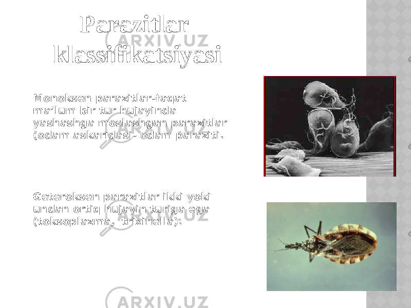Parazitlar klassifikatsiyasi Monoksen parazitlar-faqat maʼlum bir tur hujayinda yashashga moslashgan parazitlar (odam askaridasi- odam paraziti. Geteroksen parazitlar ikki yoki undan ortiq hujayin turiga ega (toksoplazma, trixinella). 