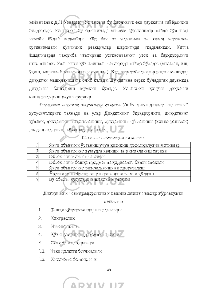 кейинчалик Д.Н.Узнадзе). Установка бу фаолиятга ёки ҳаракатга тайёрликни билдиради. Установка бу организмда маълум зўриқишлар пайдо бўлганда намоён бўлиб қолмайди. Кўп ёки оз установка ва яққол установка организмдаги кўпчилик реакциялар шароитида гавдаланади. Катта ёшдагиларда тажриба таъсирида установканинг узоқ ва барқарорлиги шаклланади. Улар ички қўзғалишлар таъсирида пайдо бўлади. (масалан, иш, ўқиш, мураккаб вазифаларни ечишда). Кқп маротоба такрорланган машқлар диққатни машқланишига олиб келади.Шундагина керак бўладиган даражада диққатни бошқариш мумкин бўлади. Установка қонуни диққатни машқлантириш учун зарурдир. Бешликни ташкил этувчилар қонуни. Ушбу қонун диққатнинг асосий хусусиятларига таянади ва улар Диққатнинг барқарорлиги, диққатнинг кўлами, диққатнинг тақсимланиши, диққатнинг тўпланиши (концетрацияси) ғамда диққатнинг кўчишидан иборат. Шахснинг интеллектуал имконияти. 1 Янги объектни ўрганиш учун қизиқиш ҳосил қилувчи мотивлар 2 Янги объектнинг вужудга келиши ва ривожланиш тарихи 3 Объектнинг сифат тавсифи 4 Объектнинг бошқа предмет ва ҳодисалар билан алоқаси 5 Янги объектнинг ривожланишини прогнозлаш 6 Ўрганилган объектнинг натижалари ва уни қўллаш 7 Бу объект хусусидаги шахсий мулоҳаза Диққатнинг самарадорлигини таъминлашга таъсир кўрсатувчи омиллар 1. Ташқи қўзғатувчиларнинг таъсири 2. Контраслик 3. Интенсивлик 4. Қўзғатувчининг давомли таъсири 5. Объектнинг ҳаракати. 1.1. Ички ҳолатга боғлиқлиги 1.2. Ҳиссиётга боғлиқлиги 48 « Бали қ скелети » методини самарали амалга ошириш қ адамлари Ҳ ар бир иштирокчи эркин ишлаши учун қ улай шароит яратилиши керак. Муста қ ил фикр ва ғ ояларни ёзиш учун керакли доска, юмшо қ доска, флефчатка, рангли маркерлар, посте р лар, кодоскоп ва турли форматдаги қ о ғ озлар олдиндан тайёрланиши лозим. Бериладиган мавзу, муаммо ёки вазиятлар ани қ ланади. Иш қ оидаларини белгилаш керак: а) берилган ғ оялар бахоланмайди; б) фикрлашга тўли қ эркинлик берилади; в) берилаётган ғ оялар ми қ дори қ анча кўп бўлса, шунча яхши; г) «ўйланг», «илиб олинг» ва бошка ғ ояларга асосланиш керак; д) муста қ ил фикр ва гоялар т ў ғ рисида сўраш ва ма ғ зини ча қ иш керак; е) мавзу асосида берилган ғ ояларни ёзиб, кўринадиган жойга илиб қ ўйиш зарур; ж) берилган янги ғ ояларни янада тўлдириб, қ атнашчилар ра ғ батлантирилиши лозим; з) қ атнашчилар ғ оялари устидан кулиш, кинояли шар ҳ лар ва майна қ илишларга й ў л қ ў йилмаслиги шарт; и) янги-янги ғ оялар ту ғ илаётган экан, демак ишни давом эттириш керак. ВЕНН ДИАГРАММА СИ НИ ТУЗИШ ҚОИДАЛАРИ : 1.Ўрганилаётган ҳолатнинг 2-3 жиҳатларини топ и нг ва уларга тавсиф беринг, уларга хос томонларини санаб ўтинг. 2.Санаб ўтилган уларга хос томонларни доира шаклидаги тегишли диаграммага ёзинг. 3 .Уларни солиштиринг, умумий ва умумий бўлмаган томонларини солиштиринг. 4.Доираларни бирлаштириб Венн д иаграмма сини тузинг. Доираларнинг кесишган жойларига ўрганилаётган жиҳатларнинг умумий томонларини ёзинг. « Каскад » - техникаси асосида «Ўқитувчига қў йиладиган асосий талаблар» ни аниқлаб, шарҳлаб беринг. 