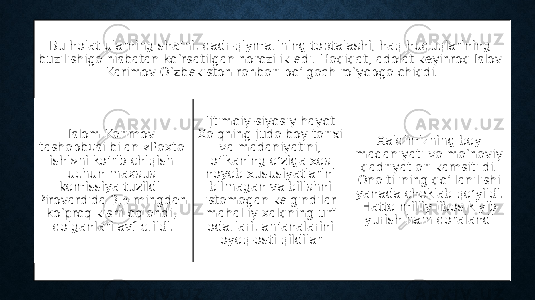 Bu holat ularning sha’ni, qadr-qiymatining toptalashi, haq-huquqlarining buzilishiga nisbatan ko’rsatilgan norozilik edi. Haqiqat, adolat keyinroq Islov Karimov O’zbekiston rahbari bo’lgach ro’yobga chiqdi. Islom Karimov tashabbusi bilan «Paxta ishi»ni ko’rib chiqish uchun maxsus komissiya tuzildi. Pirovardida 3,5 mingdan ko’proq kishi oqlandi, qolganlari avf etildi. Ijtimoiy-siyosiy hayot Xalqning juda boy tarixi va madaniyatini, o’lkaning o’ziga xos noyob xususiyatlarini bilmagan va bilishni istamagan kelgindilar mahalliy xalqning urf- odatlari, an’analarini oyoq-osti qildilar. Xalqimizning boy madaniyati va ma’naviy qadriyatlari kamsitildi. Ona tilining qo’llanilishi yanada cheklab qo’yildi. Hatto milliy libos kiyib yurish ham qoralandi. 