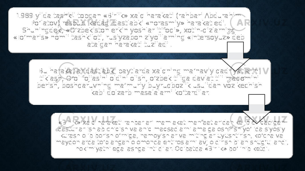 1989 yilda tashkil topgan «Birlik» xalq harakati (rahbari Abdurahim Po’latov) respublikadagi dastlabki «norasmiy» harakat edi. Shuningdek, «O’zbekiston erkin yoshlar itifoqi», xotin-qizlarning «To’maris» nomli tashkiloti, rusiyzabon ziyolilarning «Intersoyuz» deb atalgan harakati tuziladi . Bu harakatlar dastlabki paytlarda xalqning ma’naviy qadriyatlarini tiklash, Orol fojiasini oldini olish, o’zbek tiliga davlat tili maqomini berish, boshqaruvning ma’muriy buyruqbozlik usulidan voz kechish kabi dolzarb masalalarni ko’tardilar. «Birlik» xalq harakati rahbarlari mamlakat manfaatlaridan kelib chiqadigan dasturlar ishlab chiqish va aniq maqsadlarni amalga oshirish yo’lida siyosiy kurash olib borish o’rniga, namoyishlar va mitinglar uyushtirish, ko’cha va maydonlarda to’plangan olomonda ehtiroslarni avj oldirish bilan shug’ullandi, hokimiyatni egallashga intildilar. Oqibatda «Birlik» bo’linib ketdi. 