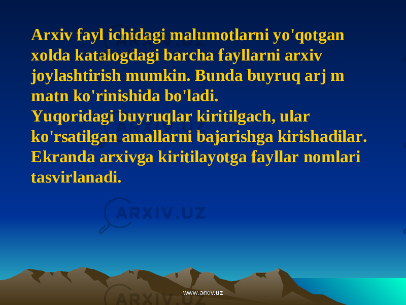 Arxiv fayl ichidagi malumotlarni yo&#39;qotgan xolda katalogdagi barcha fayllarni arxiv joylashtirish mumkin. Bunda buyruq arj m matn ko&#39;rinishida bo&#39;ladi. Yuqoridagi buyruqlar kiritilgach, ular ko&#39;rsatilgan amallarni bajarishga kirishadilar. Ekranda arxivga kiritilayotga fayllar nomlari tasvirlanadi. www.arxiv.uzwww.arxiv.uz 