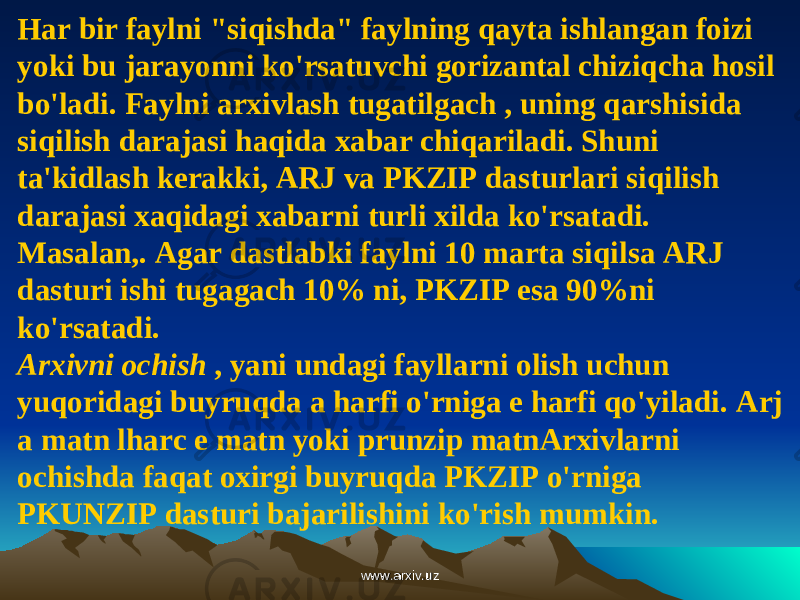 Har bir faylni &#34;siqishda&#34; faylning qayta ishlangan foizi yoki bu jarayonni ko&#39;rsatuvchi gorizantal chiziqcha hosil bo&#39;ladi. Faylni arxivlash tugatilgach , uning qarshisida siqilish darajasi haqida xabar chiqariladi. Shuni ta&#39;kidlash kerakki, ARJ va PKZIP dasturlari siqilish darajasi xaqidagi xabarni turli xilda ko&#39;rsatadi. Masalan,. Agar dastlabki faylni 10 marta siqilsa ARJ dasturi ishi tugagach 10% ni, PKZIP esa 90%ni ko&#39;rsatadi. Arxivni ochish , yani undagi fayllarni olish uchun yuqoridagi buyruqda a harfi o&#39;rniga e harfi qo&#39;yiladi. Arj a matn lharc e matn yoki prunzip matnArxivlarni ochishda faqat oxirgi buyruqda PKZIP o&#39;rniga PKUNZIP dasturi bajarilishini ko&#39;rish mumkin. www.arxiv.uzwww.arxiv.uz 