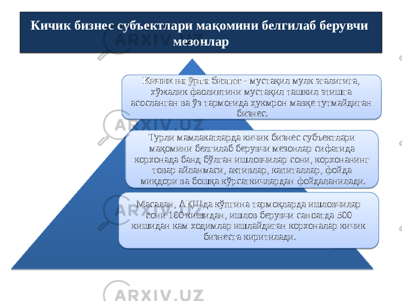 Кичик бизнес субъектлари мақомини белгилаб берувчи мезонлар Кичик ва ўрта бизнес  - мустақил мулк эгалигига, хўжалик фаолиятини мустақил ташкил этишга асосланган ва ўз тармоғида ҳукмрон мавқе тутмайдиган бизнес. Турли мамлакатларда кичик бизнес субъектлари мақомини белгилаб берувчи мезонлар сифатида корхонада банд бўлган ишловчилар сони, корхонанинг товар айланмаси, активлар, капиталлар, фойда миқдори ва бошқа кўрсаткичлардан фойдаланилади. Масалан, АҚШда кўпгина тармоқларда ишловчилар сони 100 кишидан, ишлов берувчи саноатда 500 кишидан кам ходимлар ишлайдиган корхоналар кичик бизнесга киритилади.1302 16 13 4E2A 192212 0C 06 25 1C 04 0D 1C02 400C 0A 04 06 