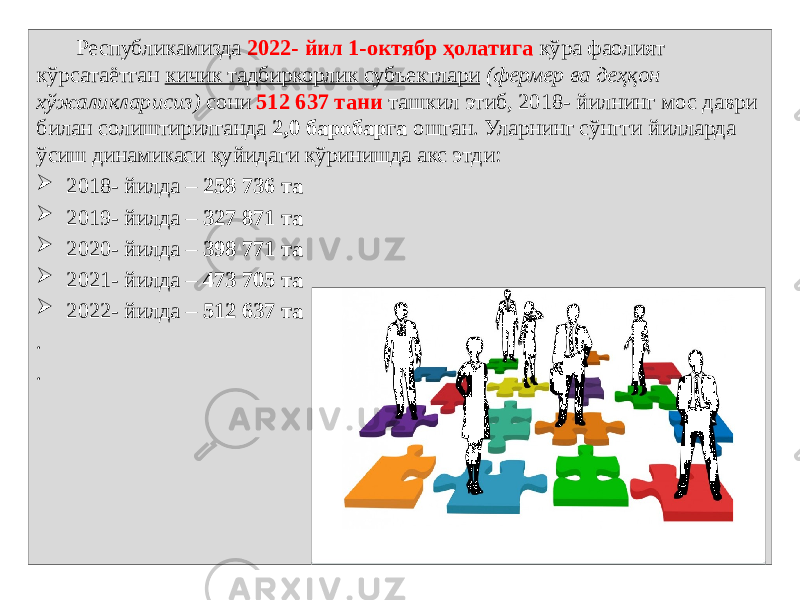 Республикамизда 2022- йил 1-октябр ҳолатига кўра фаолият кўрсатаётган  кичик тадбиркорлик субъектлари   (фермер ва деҳқон хўжаликларисиз)  сони  512 637 тани   ташкил этиб, 2018- йилнинг мос даври билан солиштирилганда  2,0 баробарга  ошган. Уларнинг сўнгги йилларда ўсиш динамикаси қуйидаги кўринишда акс этди:  2018- йилда –  258 736 та  2019- йилда –  327 871 та  2020- йилда –  398 771 та  2021- йилда –  473 705 та  2022- йилда –  512 637 та . . 