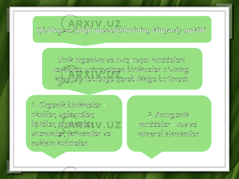 Qishloq xo’jaligi maxsulotlarining kimyoviy tarkibi Tirik organizm va oziq-ovqat moddalari tarkibida uchraydigan birikmalar o’zining kimyoviy tabiatiga qarab ikkiga bo’linadi. 1. Organik birikmalar - oksillar, uglevodlar, lipidlar, pigmentlar, vitaminlar, fermentlar va nuklein kislotalar. 2. Anorganik moddalar - suv va mineral elementlar. 