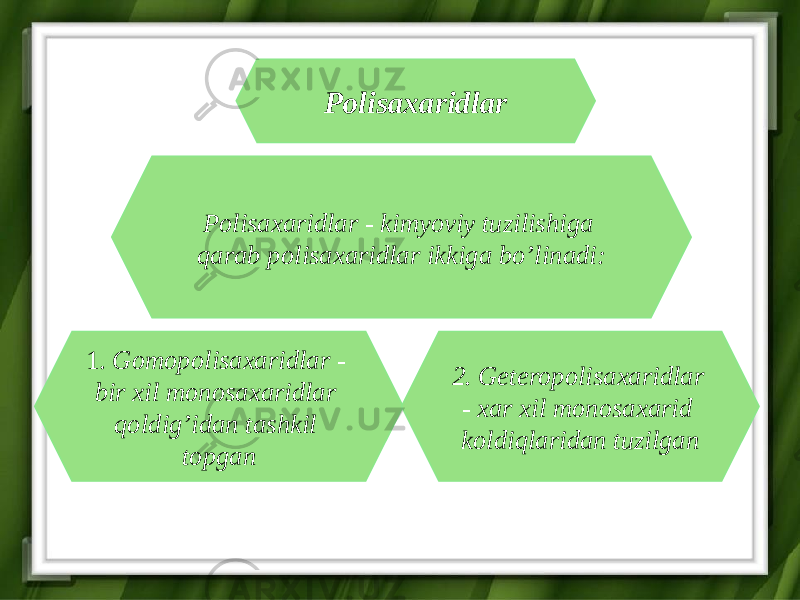 Polisaxaridlar Polisaxaridlar - kimyoviy tuzilishiga qarab polisaxaridlar ikkiga bo’linadi: 1. Gomopolisaxaridlar - bir xil monosaxaridlar qoldig’idan tashkil topgan 2. Geteropolisaxaridlar - xar xil monosaxarid koldiqlaridan tuzilgan 