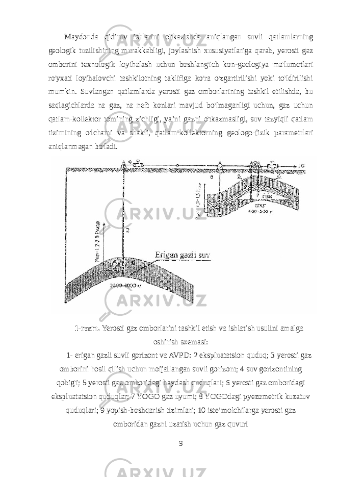 Maydonda qidiruv ishlarini o&#39;tkazishda aniqlangan suvli qatlamlarning geologik tuzilishining murakkabligi, joylashish xususiyatlariga qarab, yerosti gaz omborini texnologik loyihalash uchun boshlang&#39;ich kon-geologiya ma&#39;lumotlari ro&#39;yxati loyihalovchi tashkilotning taklifiga ko&#39;ra o&#39;zgartirilishi yoki to&#39;ldirilishi mumkin. Suvlangan qatlamlarda yerosti gaz omborlarining tashkil etilishda, bu saqlagichlarda na gaz, na neft konlari mavjud bo&#39;lmaganligi uchun, gaz uchun qatlam-kollektor tomining zichligi, ya’ni gazni o&#39;tkazmasligi, suv tazyiqli qatlam tizimining o&#39;lchami va shakli, qatlam-kollektorning geologo-fizik parametrlari aniqlanmagan bo&#39;ladi. 1-rasm. Yerosti gaz omborlarini tashkil etish va ishlatish usulini amalga oshirish sxemasi: 1- erigan gazli suvli gorizont va AVPD: 2 ekspluatatsion quduq; 3 yerosti gaz omborini hosil qilish uchun moijallangan suvli gorizont; 4 suv gorizontining qobig&#39;i; 5 yerosti gaz omboridagi haydash quduqlari; 6 yerosti gaz omboridagi ekspluatatsion quduqlar; 7 YOGO gaz uyumi; 8 YOGOdagi pyezometrik kuzatuv quduqlari; 9 yopish-boshqarish tizimlari; 10 iste’molchilarga yerosti gaz omboridan gazni uzatish uchun gaz quvuri 9 