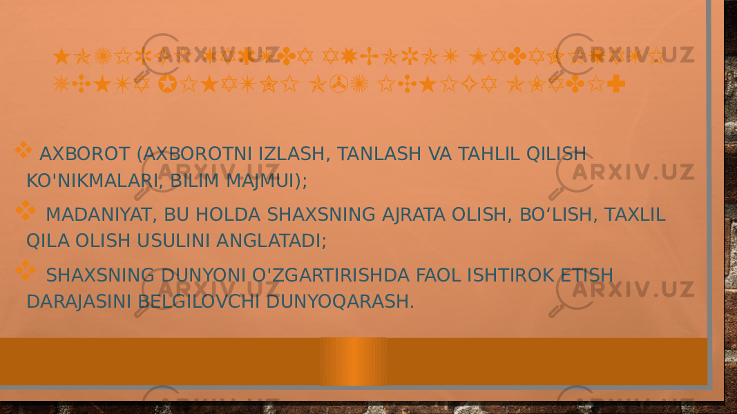 HOZIRGI VAQTDA AXBOROT MADANIYATI UCHTA JIHATNI O&#39;Z ICHIGA OLADI:  AXBOROT (AXBOROTNI IZLASH, TANLASH VA TAHLIL QILISH KO&#39;NIKMALARI, BILIM MAJMUI);  MADANIYAT, BU HOLDA SHAXSNING AJRATA OLISH, BO‘LISH, TAXLIL QILA OLISH USULINI ANGLATADI;  SHAXSNING DUNYONI O&#39;ZGARTIRISHDA FAOL ISHTIROK ETISH DARAJASINI BELGILOVCHI DUNYOQARASH. 