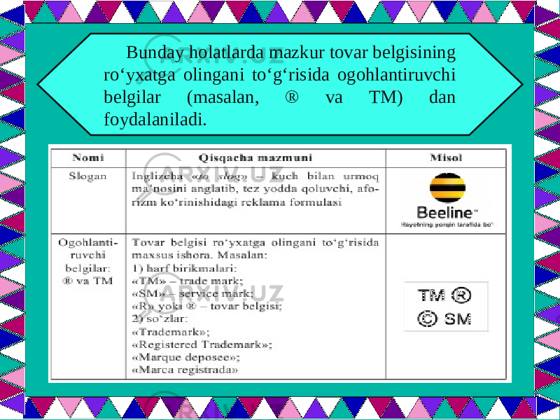  Bunday holatlarda mazkur tovar belgisining ro‘yxatga olingani to‘g‘risida ogohlantiruvchi belgilar (masalan, ® va TM) dan foydalaniladi. 