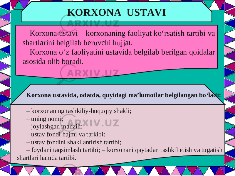  KORXONA USTAVI Korxona ustavi – korxonaning faoliyat ko‘rsatish tartibi va shartlarini belgilab beruvchi hujjat. Korxona o‘z faoliyatini ustavida belgilab berilgan qoidalar asosida olib boradi. Korxona ustavida, odatda, quyidagi ma’lumotlar belgilangan bo‘ladi: – korxonaning tashkiliy-huquqiy shakli; – uning nomi; – joylashgan manzili; – ustav fondi hajmi va tarkibi; – ustav fondini shakllantirish tartibi; – foydani taqsimlash tartibi; – korxonani qaytadan tashkil etish va tugatish shartlari hamda tartibi. 