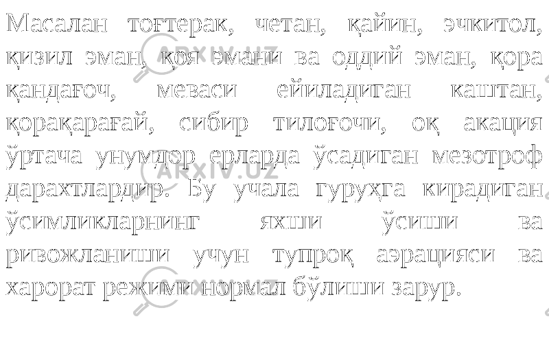 Масалан тоғтерак, четан, қайин, эчкитол, қизил эман, қоя эмани ва оддий эман, қора қандағоч, меваси ейиладиган каштан, қорақарағай, сибир тилоғочи, оқ акация ўртача унумдор ерларда ўсадиган мезотроф дарахтлардир. Бу учала гуруҳга кирадиган ўсимликларнинг яхши ўсиши ва ривожланиши учун тупроқ аэрацияси ва харорат режими нормал бўлиши зарур. 