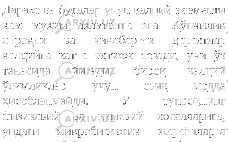 Дарахт ва буталар учун калций элементи ҳам муҳим аҳамиятга эга. Кўпчилик япроқли ва нинабаргли дарахтлар калцийга катта эҳтиёж сезади, уни ўз танасида йиғади, бироқ калций ўсимликлар учун озиқ модда ҳисобланмайди. У тупроқнинг физикавий ва кимёвий хоссаларига, ундаги микробиологик жараёнларга таъсир этиб, ўсимлик учун қулай шароит яратади. 