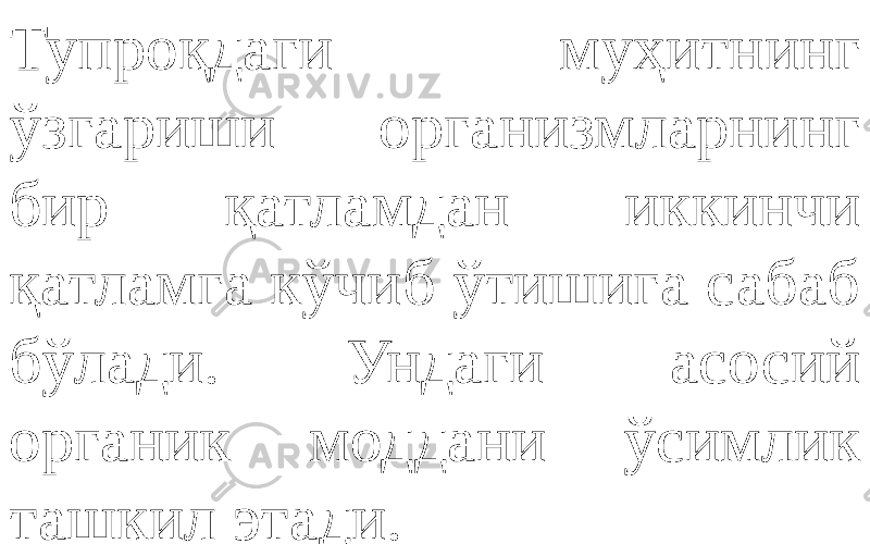 Тупроқдаги муҳитнинг ўзгариши организмларнинг бир қатламдан иккинчи қатламга кўчиб ўтишига сабаб бўлади. Ундаги асосий органик моддани ўсимлик ташкил этади. 