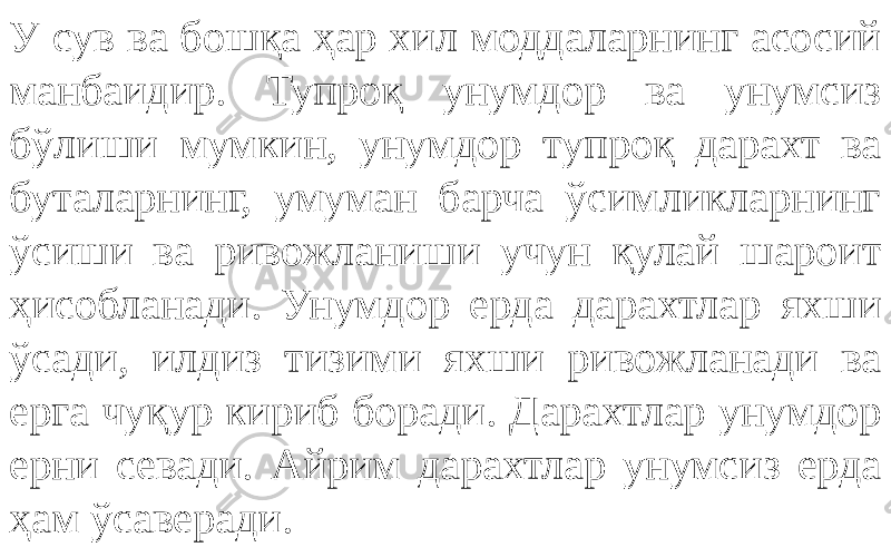 У сув ва бошқа ҳар хил моддаларнинг асосий манбаидир. Тупроқ унумдор ва унумсиз бўлиши мумкин, унумдор тупроқ дарахт ва буталарнинг, умуман барча ўсимликларнинг ўсиши ва ривожланиши учун қулай шароит ҳисобланади. Унумдор ерда дарахтлар яхши ўсади, илдиз тизими яхши ривожланади ва ерга чуқур кириб боради. Дарахтлар унумдор ерни севади. Айрим дарахтлар унумсиз ерда ҳам ўсаверади. 