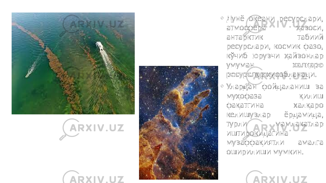 • Дунё океани ресурслари, атмосфера ҳавоси, антарктик табиий ресурслари, космик фазо, кўчиб юрувчи ҳайвонлар умуман халқаро ресурслар ҳисобланади. • Улардан фойдаланиш ва муҳофаза қилиш фақатгина халқаро келишувлар ёрдамида, турли мамлакатлар иштирокидагина муваффақиятли амалга оширилиши мумкин. 