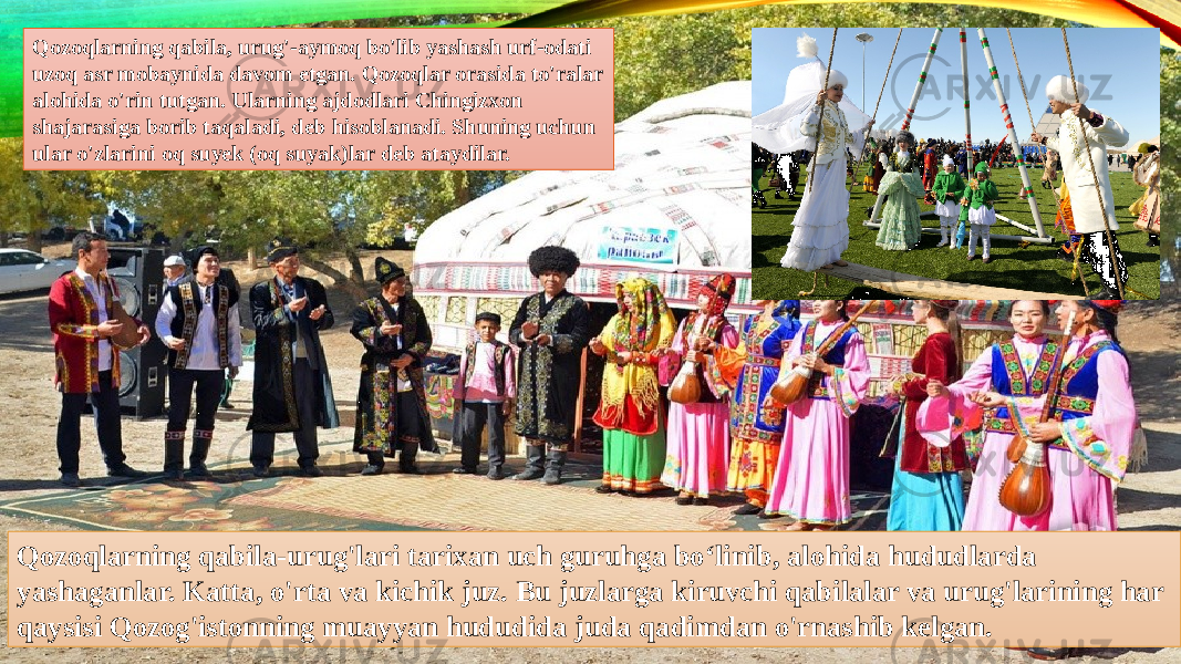 Qozoqlarning qabila-urug&#39;lari tarixan uch guruhga bo‘linib, alohida hududlarda yashaganlar. Katta, o&#39;rta va kichik juz. Bu juzlarga kiruvchi qabilalar va urug&#39;larining har qaysisi Qozog&#39;istonning muayyan hududida juda qadimdan o&#39;rnashib kelgan. Qozoqlarning qabila, urug&#39;-aymoq bo&#39;lib yashash urf-odati uzoq asr mobaynida davom etgan. Qozoqlar orasida to&#39;ralar alohida o&#39;rin tutgan. Ularning ajdodlari Chingizxon shajarasiga borib taqaladi, deb hisoblanadi. Shuning uchun ular o&#39;zlarini oq suyek (oq suyak)lar deb ataydilar. 