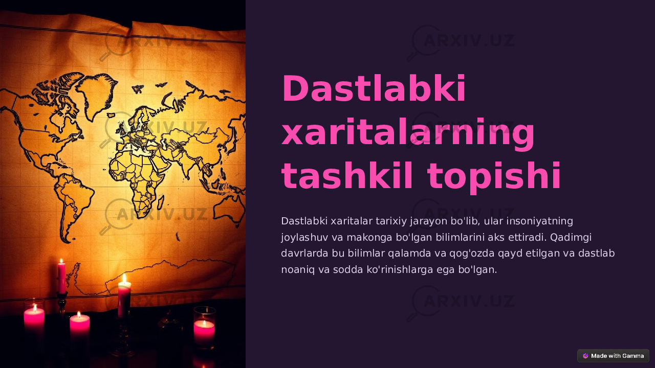 Dastlabki xaritalarning tashkil topishi Dastlabki xaritalar tarixiy jarayon bo&#39;lib, ular insoniyatning joylashuv va makonga bo&#39;lgan bilimlarini aks ettiradi. Qadimgi davrlarda bu bilimlar qalamda va qog&#39;ozda qayd etilgan va dastlab noaniq va sodda ko&#39;rinishlarga ega bo&#39;lgan. 