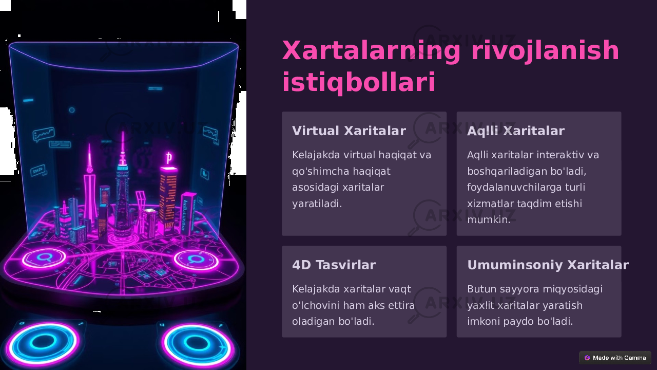 Xartalarning rivojlanish istiqbollari Virtual Xaritalar Kelajakda virtual haqiqat va qo&#39;shimcha haqiqat asosidagi xaritalar yaratiladi. Aqlli Xaritalar Aqlli xaritalar interaktiv va boshqariladigan bo&#39;ladi, foydalanuvchilarga turli xizmatlar taqdim etishi mumkin. 4D Tasvirlar Kelajakda xaritalar vaqt o&#39;lchovini ham aks ettira oladigan bo&#39;ladi. Umuminsoniy Xaritalar Butun sayyora miqyosidagi yaxlit xaritalar yaratish imkoni paydo bo&#39;ladi. 