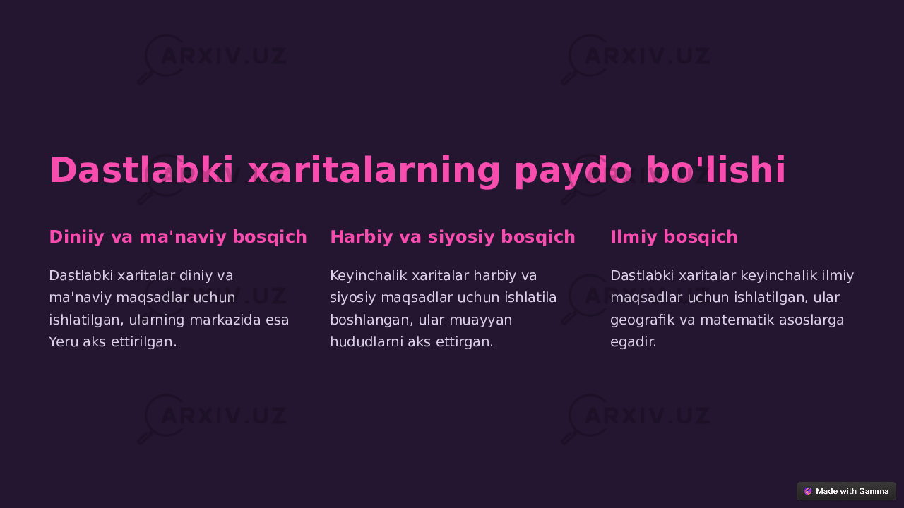 Dastlabki xaritalarning paydo bo&#39;lishi Diniiy va ma&#39;naviy bosqich Dastlabki xaritalar diniy va ma&#39;naviy maqsadlar uchun ishlatilgan, ularning markazida esa Yeru aks ettirilgan. Harbiy va siyosiy bosqich Keyinchalik xaritalar harbiy va siyosiy maqsadlar uchun ishlatila boshlangan, ular muayyan hududlarni aks ettirgan. Ilmiy bosqich Dastlabki xaritalar keyinchalik ilmiy maqsadlar uchun ishlatilgan, ular geografik va matematik asoslarga egadir. 