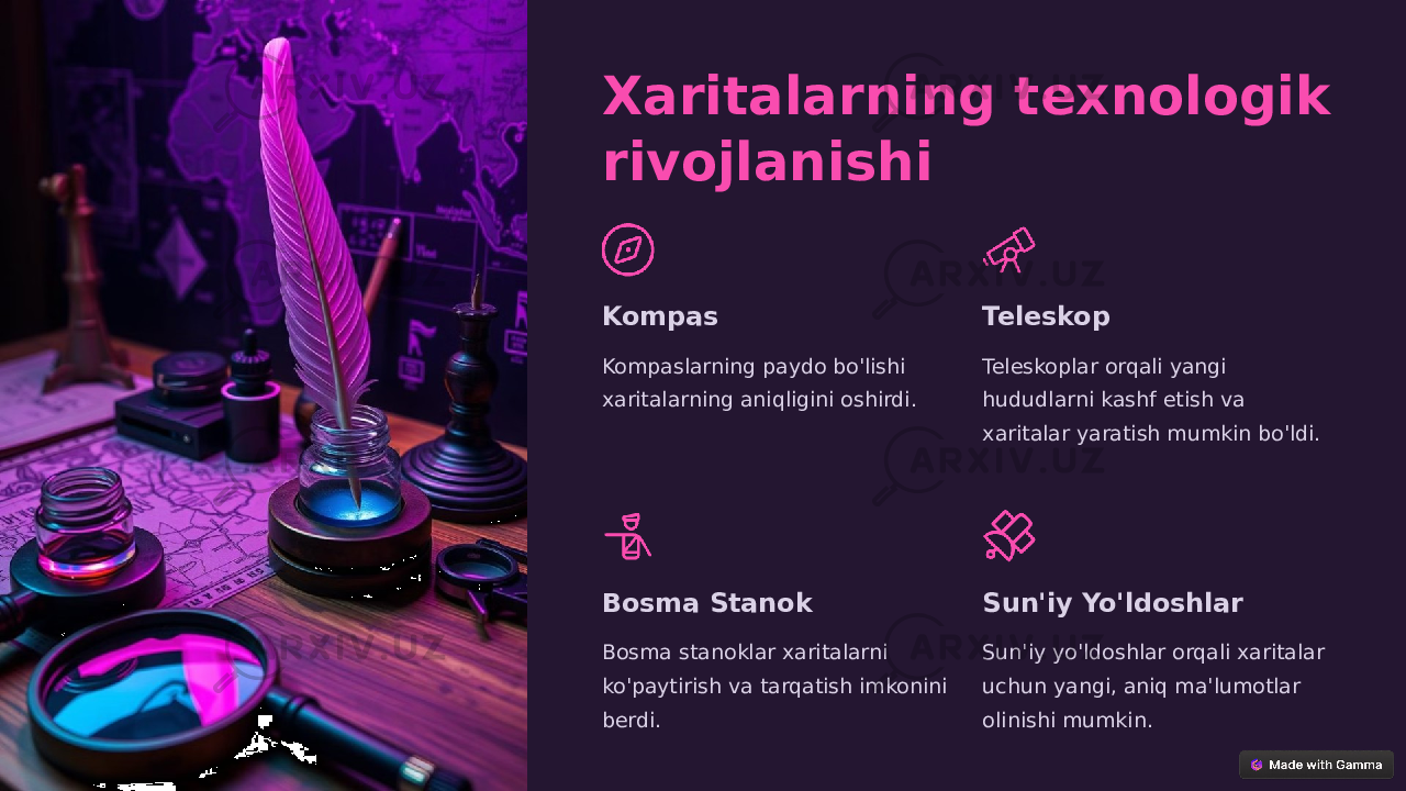 Xaritalarning texnologik rivojlanishi Kompas Kompaslarning paydo bo&#39;lishi xaritalarning aniqligini oshirdi. Teleskop Teleskoplar orqali yangi hududlarni kashf etish va xaritalar yaratish mumkin bo&#39;ldi. Bosma Stanok Bosma stanoklar xaritalarni ko&#39;paytirish va tarqatish imkonini berdi. Sun&#39;iy Yo&#39;ldoshlar Sun&#39;iy yo&#39;ldoshlar orqali xaritalar uchun yangi, aniq ma&#39;lumotlar olinishi mumkin. 