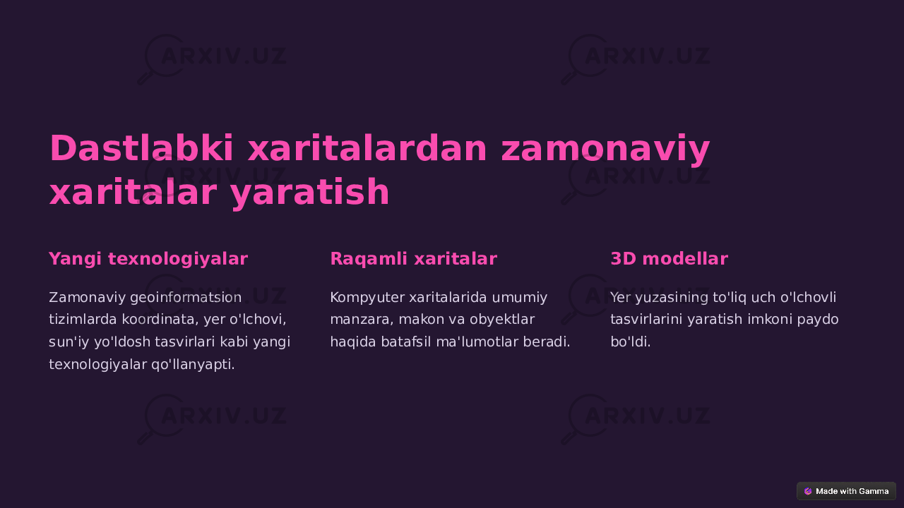 Dastlabki xaritalardan zamonaviy xaritalar yaratish Yangi texnologiyalar Zamonaviy geoinformatsion tizimlarda koordinata, yer o&#39;lchovi, sun&#39;iy yo&#39;ldosh tasvirlari kabi yangi texnologiyalar qo&#39;llanyapti. Raqamli xaritalar Kompyuter xaritalarida umumiy manzara, makon va obyektlar haqida batafsil ma&#39;lumotlar beradi. 3D modellar Yer yuzasining to&#39;liq uch o&#39;lchovli tasvirlarini yaratish imkoni paydo bo&#39;ldi. 