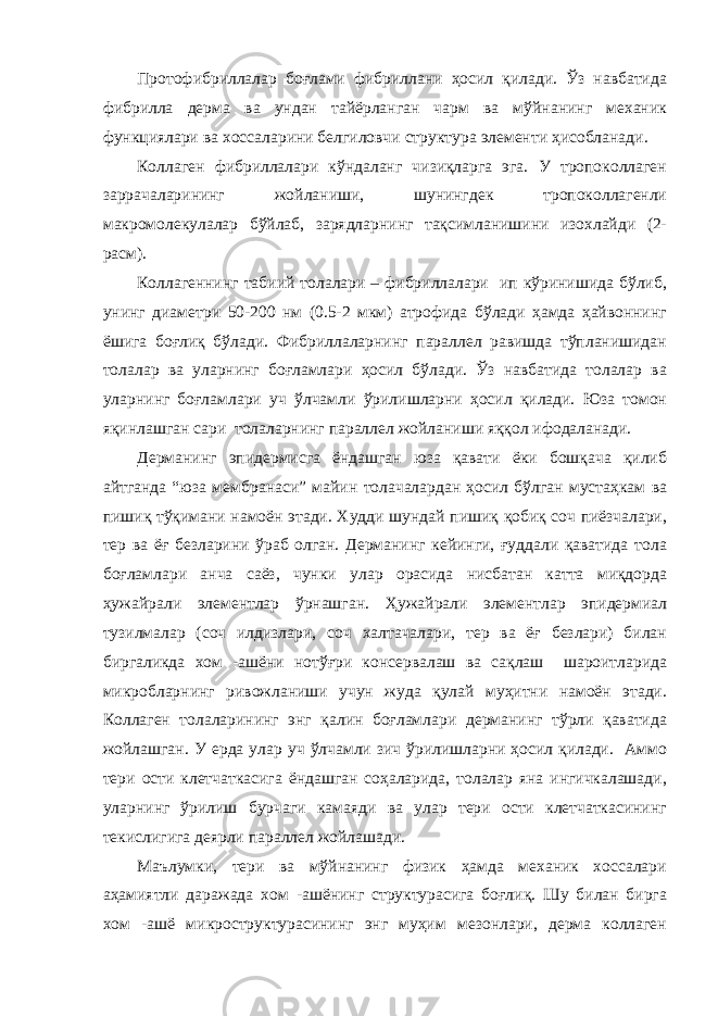 Протофибриллалар боғлами фибриллани ҳосил қилади. Ўз навбатида фибрилла дерма ва ундан тайёрланган чарм ва мўйнанинг механик функциялари ва хоссаларини белгиловчи структура элементи ҳисобланади. Коллаген фибриллалари кўндаланг чизиқларга эга. У тропоколлаген заррачаларининг жойланиши, шунингдек тропоколлагенли макромолекулалар бўйлаб, зарядларнинг тақсимланишини изохлайди (2- расм). Коллагеннинг табиий толалари – фибриллалари ип кўринишида бўлиб, унинг диаметри 50-200 нм (0.5-2 мкм) атрофида бўлади ҳамда ҳайвоннинг ёшига боғлиқ бўлади. Фибриллаларнинг параллел равишда тўпланишидан толалар ва уларнинг боғламлари ҳосил бўлади. Ўз навбатида толалар ва уларнинг боғламлари уч ўлчамли ўрилишларни ҳосил қилади. Юза томон яқинлашган сари толаларнинг параллел жойланиши яққол ифодаланади. Дерманинг эпидермисга ёндашган юза қавати ёки бошқача қилиб айтганда “юза мембранаси” майин толачалардан ҳосил бўлган мустаҳкам ва пишиқ тўқимани намоён этади. Худди шундай пишиқ қобиқ соч пиёзчалари, тер ва ёғ безларини ўраб олган. Дерманинг кейинги, ғуддали қаватида тола боғламлари анча саёз, чунки улар орасида нисбатан катта миқдорда ҳужайрали элементлар ўрнашган. Ҳужайрали элементлар эпидермиал тузилмалар (соч илдизлари, соч халтачалари, тер ва ёғ безлари) билан биргаликда хом -ашёни нотўғри консервалаш ва сақлаш шароитларида микробларнинг ривожланиши учун жуда қулай муҳитни намоён этади. Коллаген толаларининг энг қалин боғламлари дерманинг тўрли қаватида жойлашган. У ерда улар уч ўлчамли зич ўрилишларни ҳосил қилади. Аммо тери ости клетчаткасига ёндашган соҳаларида, толалар яна ингичкалашади, уларнинг ўрилиш бурчаги камаяди ва улар тери ости клетчаткасининг текислигига деярли параллел жойлашади. Маълумки, тери ва мўйнанинг физик ҳамда механик хоссалари аҳамиятли даражада хом -ашёнинг структурасига боғлиқ. Шу билан бирга хом -ашё микроструктурасининг энг муҳим мезонлари, дерма коллаген 