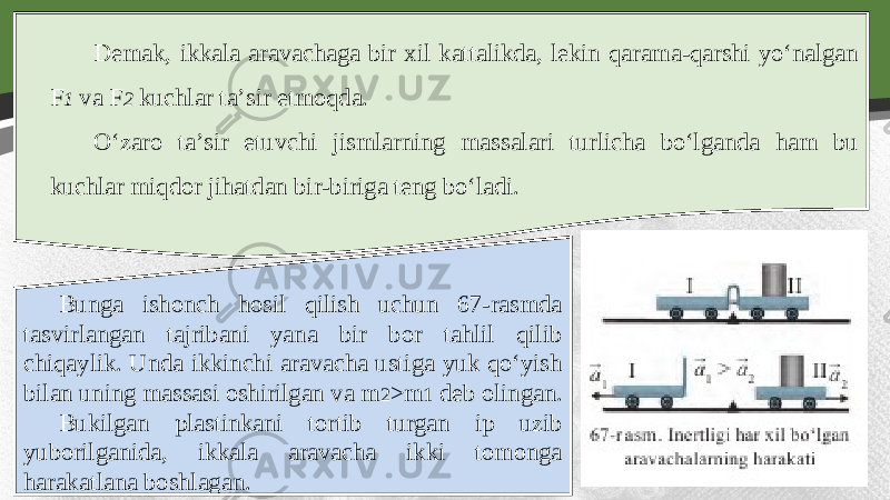 Demak, ikkala aravachaga bir xil kattalikda, lekin qarama-qarshi yo‘nalgan F 1 va F 2 kuchlar ta’sir etmoqda. O‘zaro ta’sir etuvchi jismlarning massalari turlicha bo‘lganda ham bu kuchlar miqdor jihatdan bir-biriga teng bo‘ladi. Bunga ishonch hosil qilish uchun 67-rasmda tasvirlangan tajribani yana bir bor tahlil qilib chiqaylik. Unda ikkinchi aravacha ustiga yuk qo‘yish bilan uning massasi oshirilgan va m 2 >m 1 deb olingan. Bukilgan plastinkani tortib turgan i р uzib yuborilganida, ikkala aravacha ikki tomonga harakatlana boshlagan. 