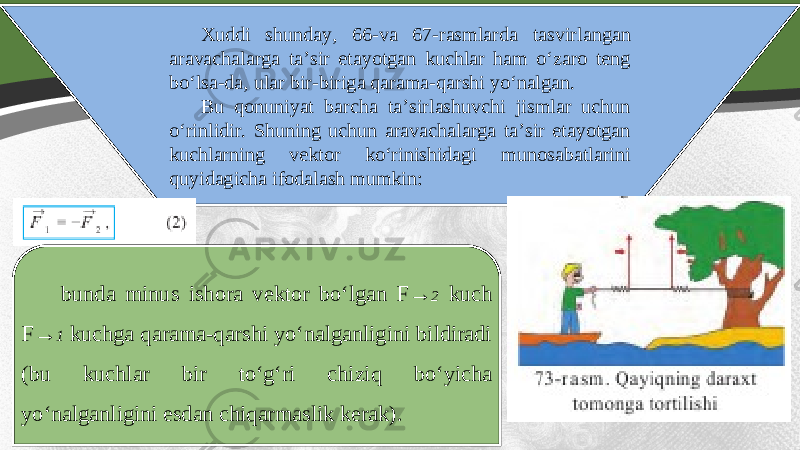 Xuddi shunday, 66-va 67-rasmlarda tasvirlangan aravachalarga ta’sir etayotgan kuchlar ham o‘zaro teng bo‘lsa-da, ular bir-biriga qarama-qarshi yo‘nalgan. Bu qonuniyat barcha ta’sirlashuvchi jismlar uchun o‘rinlidir. Shuning uchun aravachalarga ta’sir etayotgan kuchlarning vektor ko‘rinishidagi munosabatlarini quyidagicha ifodalash mumkin: bunda minus ishora vektor bo‘lgan F→ 2 kuch F→ 1 kuchga qarama-qarshi yo‘nalganligini bildiradi (bu kuchlar bir to‘g‘ri chiziq bo‘yicha yo‘nalganligini esdan chiqarmaslik kerak). 