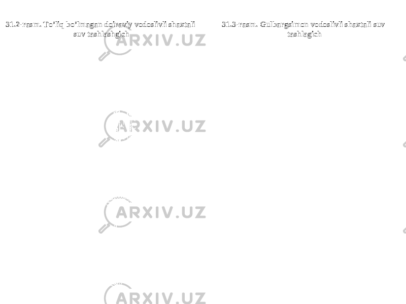 31 . 2 -rasm. To’liq bo’lmagan doiraviy vodoslivli shaxtali suv tashlashgich 3 1. 3 -rasm. Gulbargsimon vodoslivli shaxtali suv tashlagich 