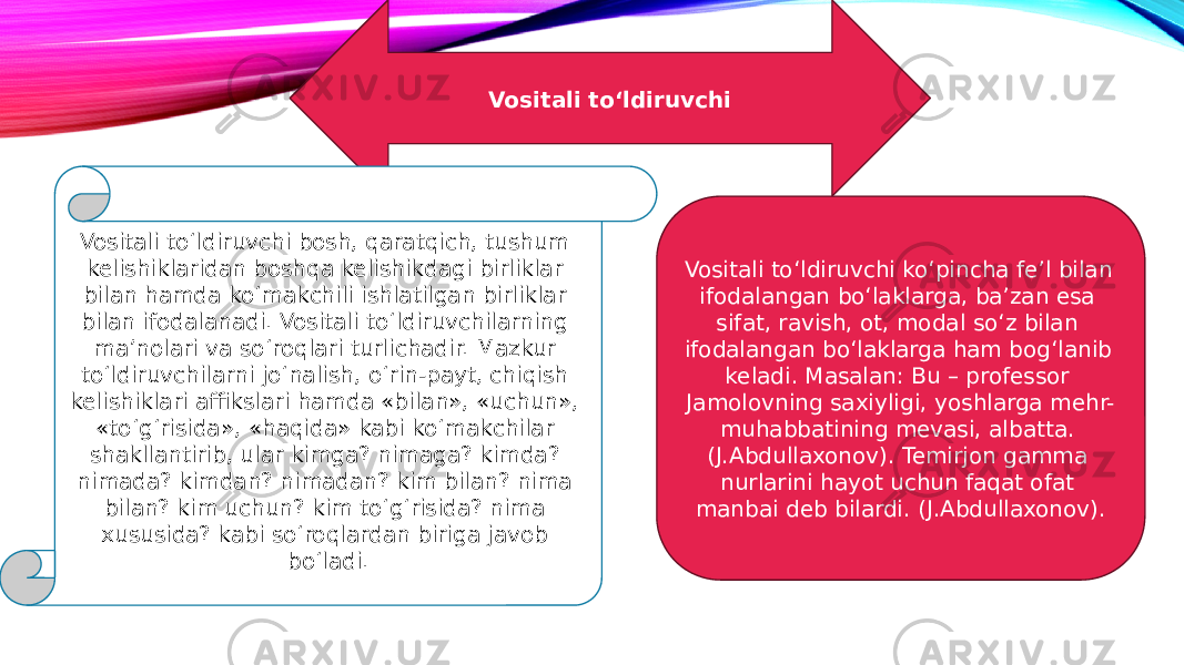 Vositali to‘ldiruvchi Vositali to‘ldiruvchi bosh, qaratqich, tushum kelishiklaridan boshqa kelishikdagi birliklar bilan hamda ko‘makchili ishlatilgan birliklar bilan ifodalanadi. Vositali to‘ldiruvchilarning ma’nolari va so‘roqlari turlichadir. Mazkur to‘ldiruvchilarni jo‘nalish, o‘rin-payt, chiqish kelishiklari affikslari hamda «bilan», «uchun», «to‘g‘risida», «haqida» kabi ko‘makchilar shakllantirib, ular kimga? nimaga? kimda? nimada? kimdan? nimadan? kim bilan? nima bilan? kim uchun? kim to‘g‘risida? nima xususida? kabi so‘roqlardan biriga javob bo‘ladi. Vositali to‘ldiruvchi ko‘pincha fe’l bilan ifodalangan bo‘laklarga, ba’zan esa sifat, ravish, ot, modal so‘z bilan ifodalangan bo‘laklarga ham bog‘lanib keladi. Masalan: Bu – professor Jamolovning saxiyligi, yoshlarga mehr- muhabbatining mevasi, albatta. (J.Abdullaxonov). Temirjon gamma nurlarini hayot uchun faqat ofat manbai deb bilardi. (J.Abdullaxonov). 