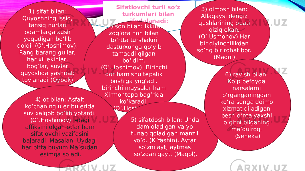 Sifatlovchi turli so‘z turkumlari bilan ifodalanadi:1) sifat bilan: Quyoshning issiq, tansiq nurlari odamlarga xush yoqadigan bo‘lib qoldi. (O‘.Hoshimov). Rang-barang gullar, har xil ekinlar, bog‘lar, suvlar quyoshda yashnab tovlanadi (Oybek). 2) son bilan: Ikkita zog‘ora non bilan to‘rtta turshakni dasturxonga qo‘yib tamaddi qilgan bo‘ldim. (O‘.Hoshimov). Birinchi qor ham shu tepalik boshiga yog‘adi, birinchi maysalar ham Xirmontepa bag‘rida ko‘karadi. (O‘.Hoshimov). 3) olmosh bilan: Allaqaysi dengiz qushlarining odati qiziq ekan. (O‘.Usmonov) Har bir qiyinchilikdan so‘ng bir rohat bor. (Maqol). 4) ot bilan: Asfalt ko‘chaning u er bu erida suv xalqob bo‘lib yotardi. (O‘.Hoshimov). -dagi affiksini olgan otlar ham sifatlovchi vazifasini bajaradi. Masalan: Uydagi har bitta buyum Ma’sudani esimga soladi. 5) sifatdosh bilan: Unda dam oladigan va yo tunab qoladigan manzil yo‘q. (K.Yashin). Aytar so‘zni ayt, aytmas so‘zdan qayt. (Maqol). 6) ravish bilan: Ko‘p befoyda narsalarni o‘rganganingdan ko‘ra senga doimo xizmat qiladigan besh-o‘nta yaxshi o‘gitni bilganing ma’qulroq. (Seneka) 