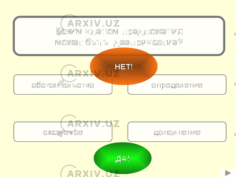 Каким членом предложения может быть деепричастие? обстоятельство определение сказуемое дополнение ДА!НЕТ! 