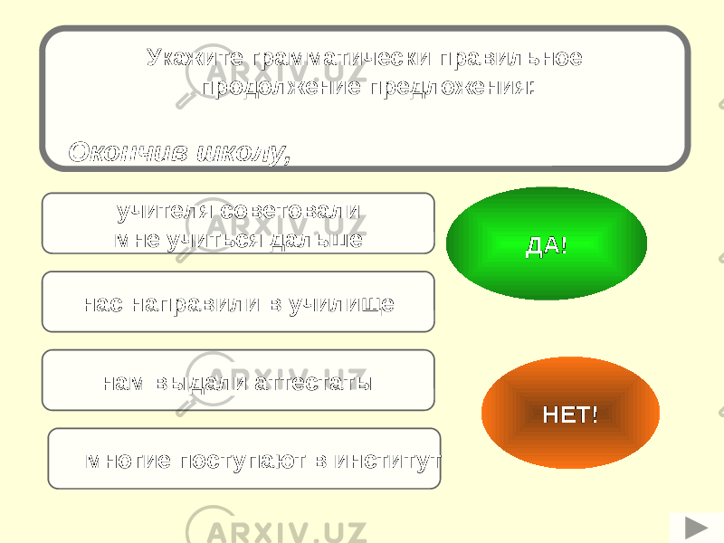 учителя советовали мне учиться дальше нам выдали аттестаты многие поступают в институтнас направили в училище НЕТ!ДА!Укажите грамматически правильное продолжение предложения: Окончив школу, 