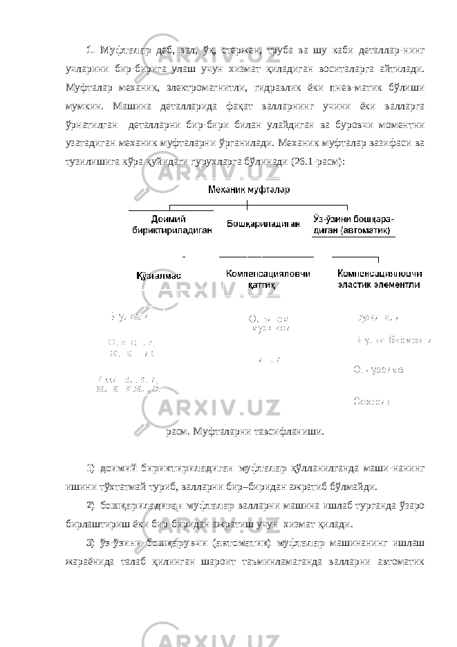 1. Муфталар деб, вал, ўқ, стержен, труба ва шу каби деталлар - нинг учларини бир-бирига улаш учун хизмат қиладиган воситаларга айтилади. Муфталар механик, электромагнитли, гидравлик ёки пнев-матик бўлиши мумкин. Машина деталларида фақат валларнинг учини ёки валларга ўрнатилган деталларни бир-бири билан улайдиган ва буровчи моментни узатадиган механик муфталарни ўрганилади. Механик муфталар вазифаси ва тузилишига кўра қуйидаги гурухларга бўлинади (26.1-расм): расм. Муфталарни тавсифланиши. 1) доимий бириктириладиган муфталар қўлланилганда маши-нанинг ишини тўхтатмай туриб, валларни бир–биридан ажратиб бўлмайди. 2) бошқариладиган муфталар валларни машина ишлаб турганда ўзаро бирлаштириш ёки бир-биридан ажратиш учун хизмат қилади. 3) ўз-ўзини бошқарувчи (автоматик) муфталар машинанинг ишлаш жараёнида талаб қилинган шароит таъминламаганда валларни автоматик 