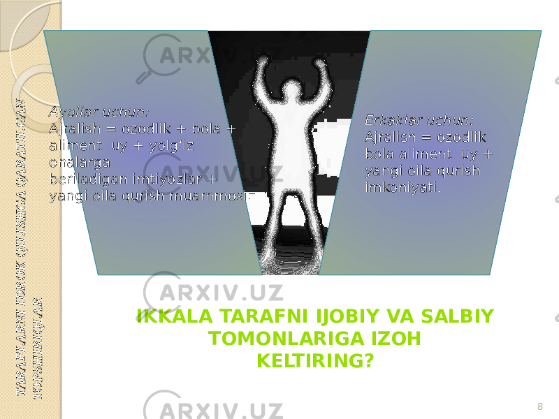  T A R A F L A R N I ID R O K Q IL ISH G A Q A R A T IL G A N T O P S H IR IQ L A R IKKALA TARAFNI IJOBIY VA SALBIY TOMONLARIGA IZOH KELTIRING?Ayollar uchun: Ajralish = ozodlik + bola + aliment uy + yolg‘iz onalarga beriladigan imtiyozlar + yangi oila qurish muammosi. Erkaklar uchun: Ajralish = ozodlik bola aliment uy + yangi oila qurish imkoniyati. 8 01 21 06 0C0A06 26 08 0D 21 26 08 04 