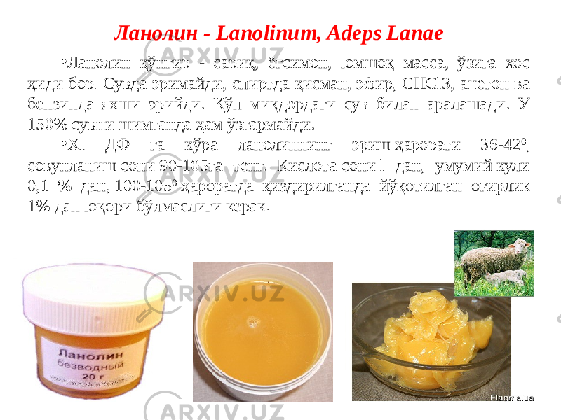 Ланолин - Lanolinum, Adeps Lanae • Ланолин қўнғир - сариқ, ёғсимон, юмшоқ масса, ўзига хос ҳиди бор. Сувда эримайди, спиртда қисман, эфир, СНСl3, ацетон ва бензинда яхши эрийди. Кўп миқдордаги сув билан аралашади. У 150% сувни шимганда ҳам ўзгармайди. • ХI ДФ га кўра ланолиннинг эриш ҳарорати 36-42 0 , совунланиш сони 90-105га тенг. Кислота сони l дан, умумий кули 0,1 % дан, 100-105 0  ҳароратда қиздирилганда йўқотилган оғирлик 1% дан юқори бўлмаслиги керак. 