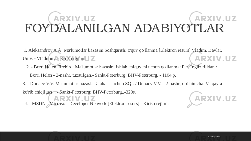 FOYDALANILGAN ADABIYOTLAR 1. Aleksandrov A.A. Ma&#39;lumotlar bazasini boshqarish: o&#39;quv qo&#39;llanma [Elektron resurs] Vladim. Davlat. Univ. - Vladimir: - Kirish rejimi: 2. - Borri Helen Firebird: Ma&#39;lumotlar bazasini ishlab chiquvchi uchun qo&#39;llanma: Per. Ingliz tilidan / Borri Helen - 2-nashr, tuzatilgan.- Sankt-Peterburg: BHV-Peterburg. - 1104 p. 3. -Dunaev V.V. Ma&#39;lumotlar bazasi. Talabalar uchun SQL / Dunaev V.V. - 2-nashr, qo&#39;shimcha. Va qayta ko&#39;rib chiqilgan .. - Sankt-Peterburg: BHV-Peterburg,.-320s. 4. - MSDN - Microsoft Developer Network [Elektron resurs] - Kirish rejimi: 01/29/2024 